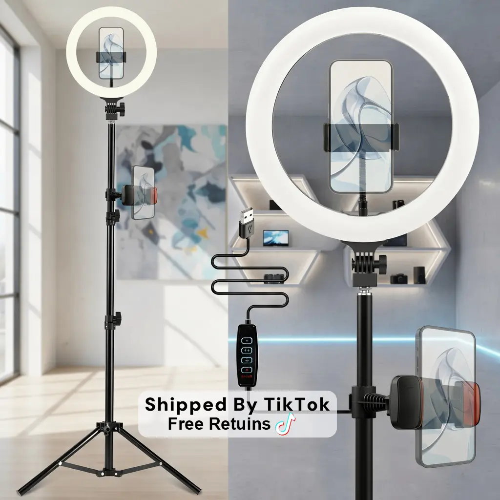 10" Dimmable Ring Light with 43in/1.1m Telescopic Tripod, 360° Rotating Adjustable Cellphone Mount, 3 Brightness Levels, Selfie & Mobile Accessories for TikTok Live, YouTube Vlogs, Ring Light Tripod Combo Phone Holders & Mounts