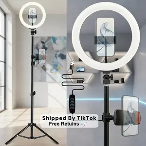 10" Dimmable Ring Light with 43in/1.1m Telescopic Tripod, 360° Rotating Adjustable Cellphone Mount, 3 Brightness Levels, Selfie & Mobile Accessories for TikTok Live, YouTube Vlogs, Ring Light Tripod Combo Phone Holders & Mounts