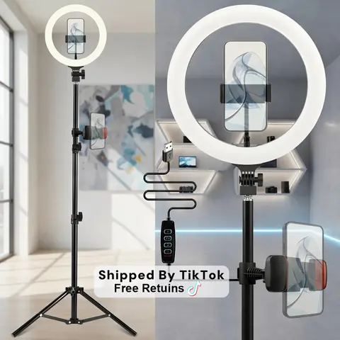 10" Dimmable LED Ring Light Kit with 120LED Bright Ring, Cool/Warm/Yellow Modes, 3 Brightness Levels, 43in/1.1m Telescopic Floor Tripod Stand, 360° Rotating Phone Mount, 10" Full Face Glow Selfie Accessory for Content Creators (Phone Holders & Mounts)