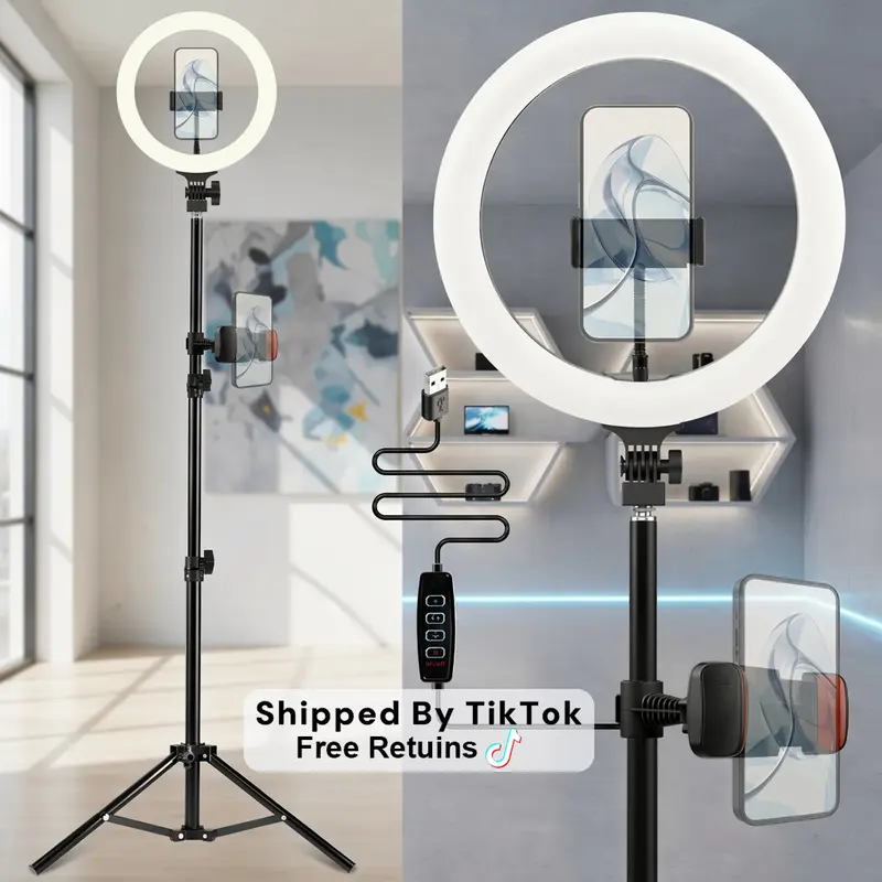 10" Dimmable LED Ring Light Kit with 120LED Bright Ring, Cool/Warm/Yellow Modes, 3 Brightness Levels, 43in/1.1m Telescopic Floor Tripod Stand, 360° Rotating Phone Mount, 10" Full Face Glow Selfie Accessory for Content Creators (Phone Holders & Mounts)