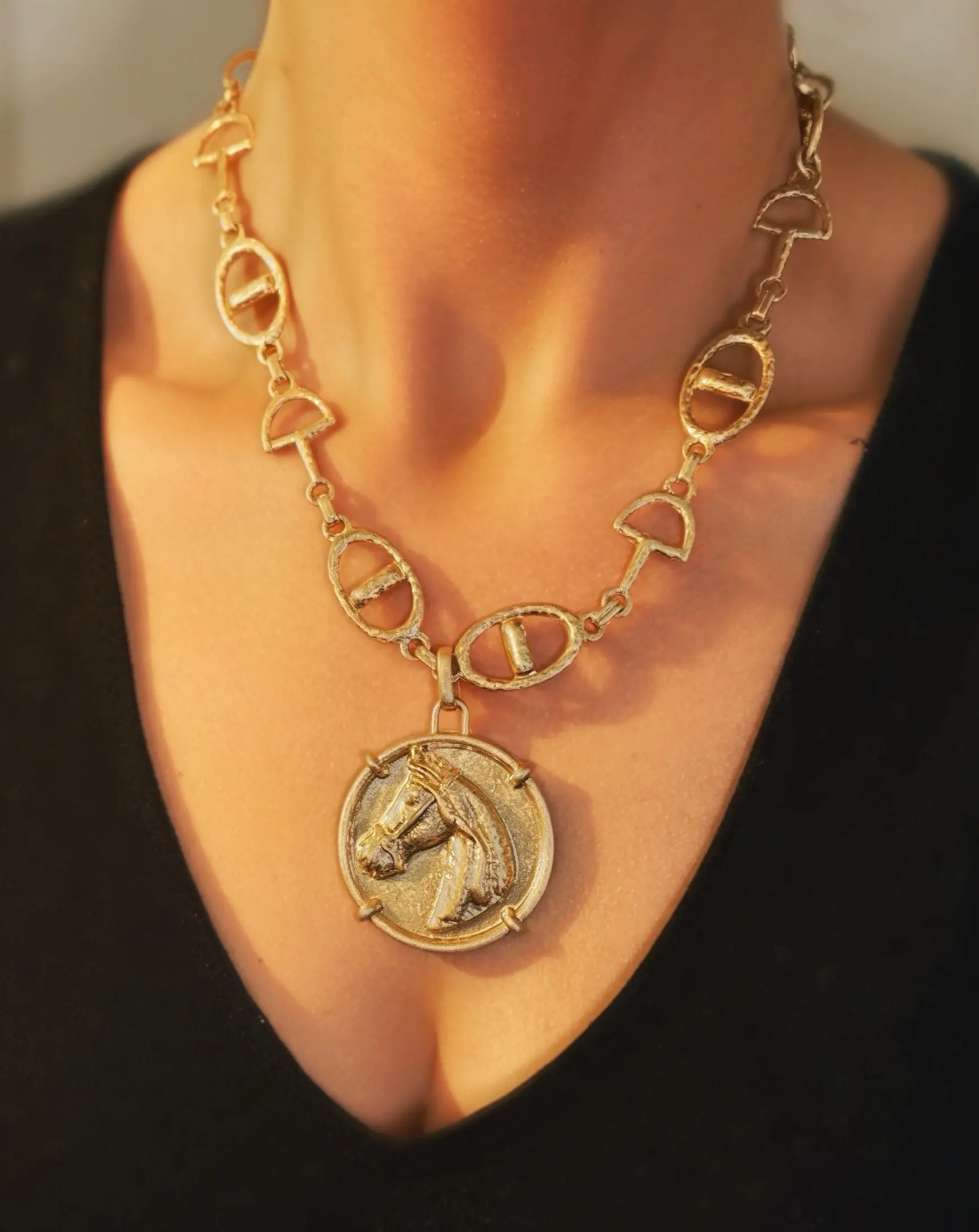 Derby Girl Necklace Set Featuring Horsehead Round Coin & Horsebit Chain