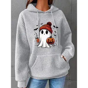 Women’s Casual Loose Halloween Hoodie, Pumpkin Ghost Pattern, Autumn & Winter Fashion, Medium-Weight Fabric, Comfortable Fit