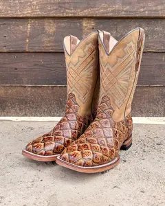 Handcrafted Men's Bass Cowboy Boots/ Square Toe Cowboy Boots Pirarucu/ Men's Exotic boots/ Botas vaqueras exoticas/ Men's fish cowboy boots