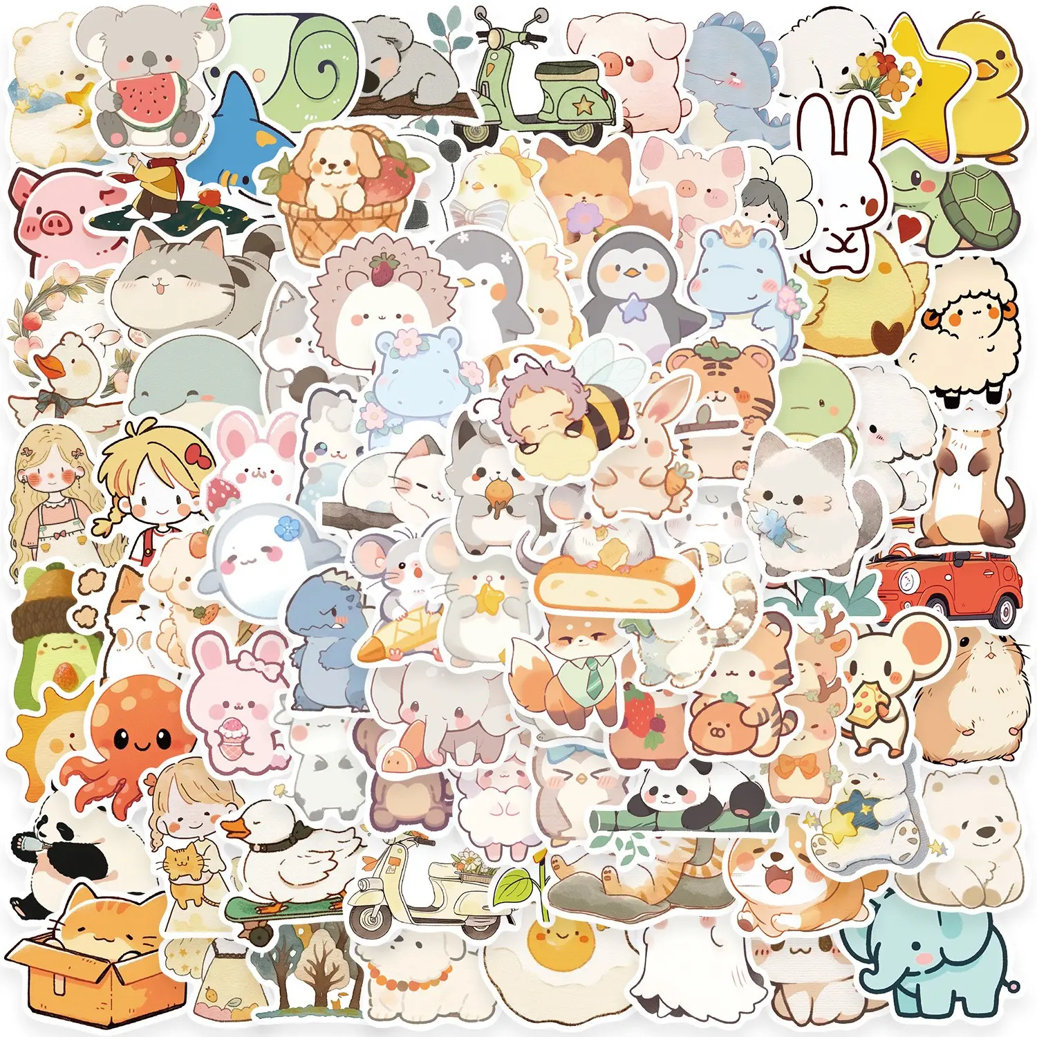 100 Cute Q Version Cartoon Animal Adhesive Stickers Set, Graffiti Decals for Guitar Notebook Luggage DIY Waterproof Decorations Playful Touch