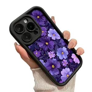 Purple Flowers Pattern Phone Case for iPhone 17 16 15 14 Pro Max 13 12 11 XR XS Plus Shockproof Full Camera Protection Durable slim Silicone Cover Protector Protective