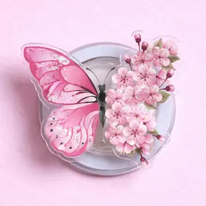 Pink Butterfly Floral Magsafe Phone Grip - Magnetic Pop Socket & Kickstand - Cute Gift for Her
