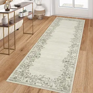 GARVEE Washable Runner Rug 2x6 Runners Floral Bathroom Rugs Boho Low Pile Small Non Slip Kitchen Runner Entryway Rug Stain Resistant Carpet for Living Room Bedroom, Cream 2'x6'