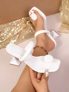 Women's Square Toe High Heel Sandals Footwear, Round Buckle Slip-On Design, Asymmetrical Heel, Minimalist Luxury Style, Perfect for Formal Parties, Nightclubs, Dates, Weddings