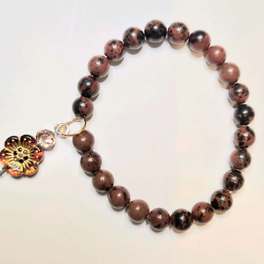 Handmade Natural Mahogany Obsidian Round Beads Custom Charm is Brown Acrylic Flower Crystal Bead One of a Kind Unique Bracelet Bracelets