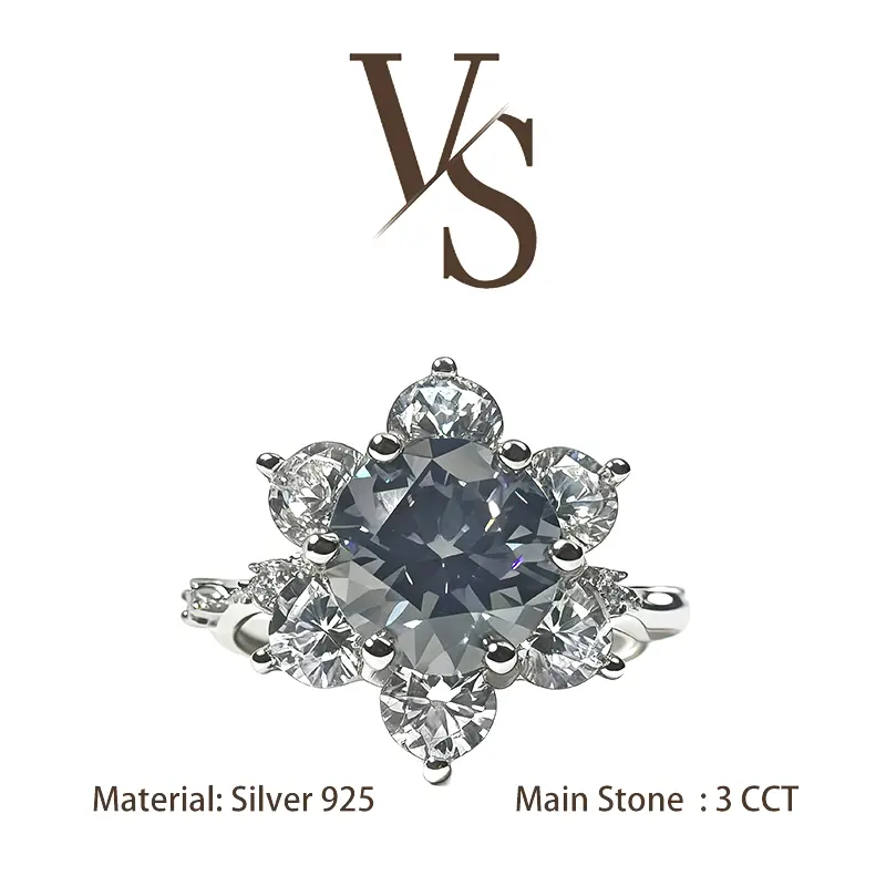 [Venus Jewelry] Synthetic Moissanite 3 CCT Grey Color Round Cut Flower Design VVS 1 D Color Solid Silver 925 Ring