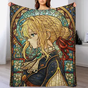Violet Evergarden Stained Glass Anime Throw Blanket, Soft Flannel Violet Blanket, Cozy Anime Decor for Couch Bed, Anime Lover Gift