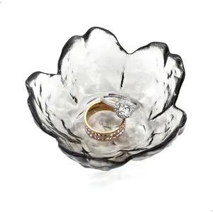 Crystal Black Flower Ring Dish  Tray, Decorative Glass Trinket Dish, Modern Accent Tray for Vanity