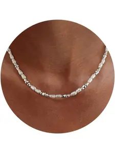 Pearl Necklace for Women Gold Silver Necklace with 4x6mm Irregular Pearls Choker for Wedding Graduation Ball Bride Pearls Jewellery Gift, 40+5cm