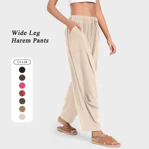 TARSE Women Boho Linen Blend Wide Leg Harem Pants Casual Drawstring Loose Trousers with Pockets Vacation Travel Baggy Minimalist Barrel Work Pants