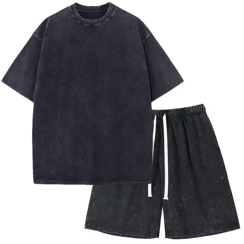Yimoon Acid Wash Short Sleeve For Men Women Tracksuit Oversized Summer T-shirt & Shorts Set Athletic 2 Piece Outfit Track Shorts Set