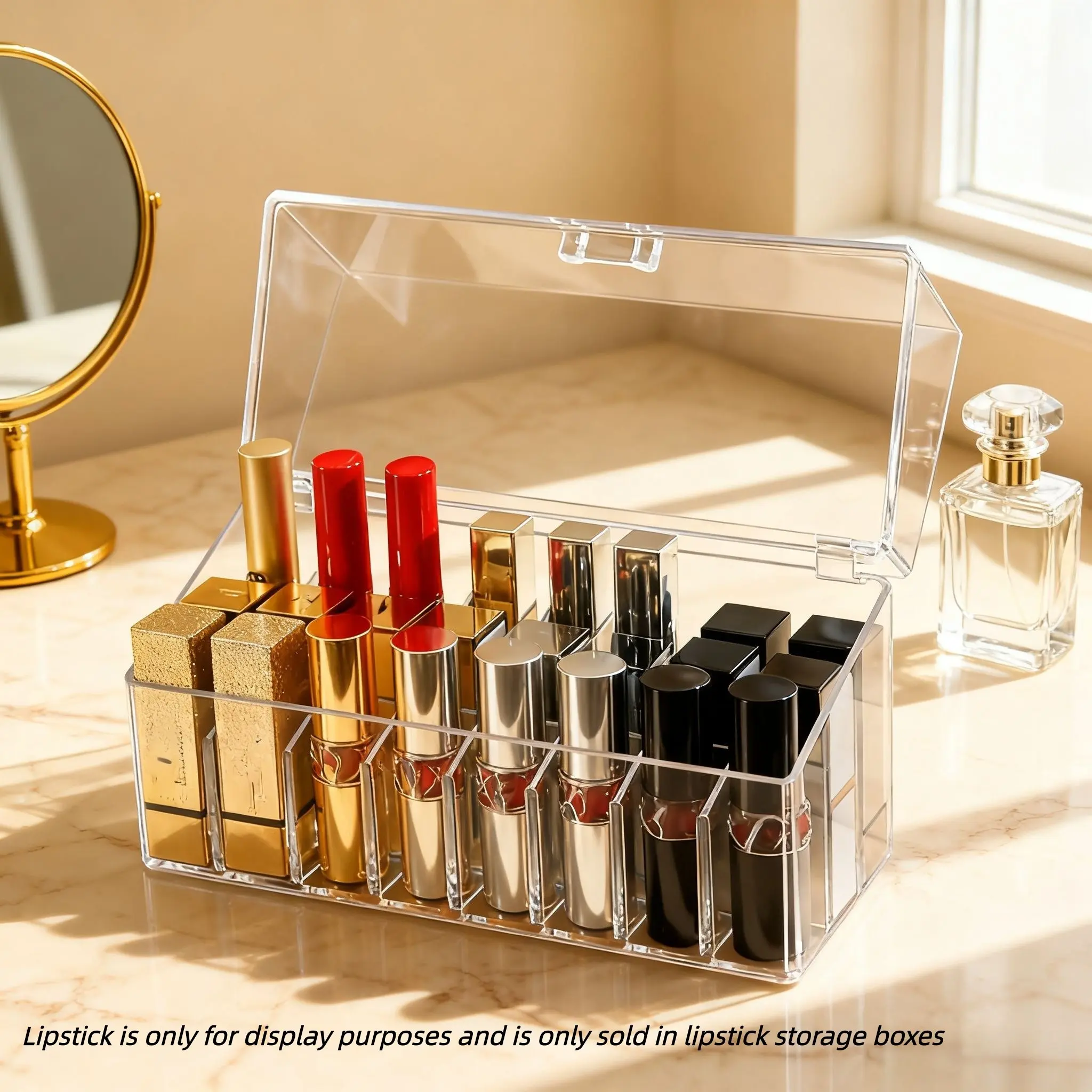 24-Compartment Acrylic Lipstick Organizer, Durable Storage Organizer, Dustproof Makeup Organiser, Transparent Box with Lid and Handle, Minimalist Design for Makeup Storage, Cosmetic Storage, Compartments for cosmetics