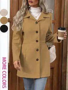 Women's Fashion Lapel Button Pure Color Woolen Coat Jackets, Autumn Winter New Arrival, Stylish and Elegant Outerwear for Women
