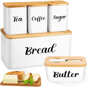 Metal Bread Box and Ceramic Butter Dish with 3 Airtight Kitchen Canisters Farmhouse Storage Canister Set for Kitchen with   Board Lid and Stainless Steel Butter (White)