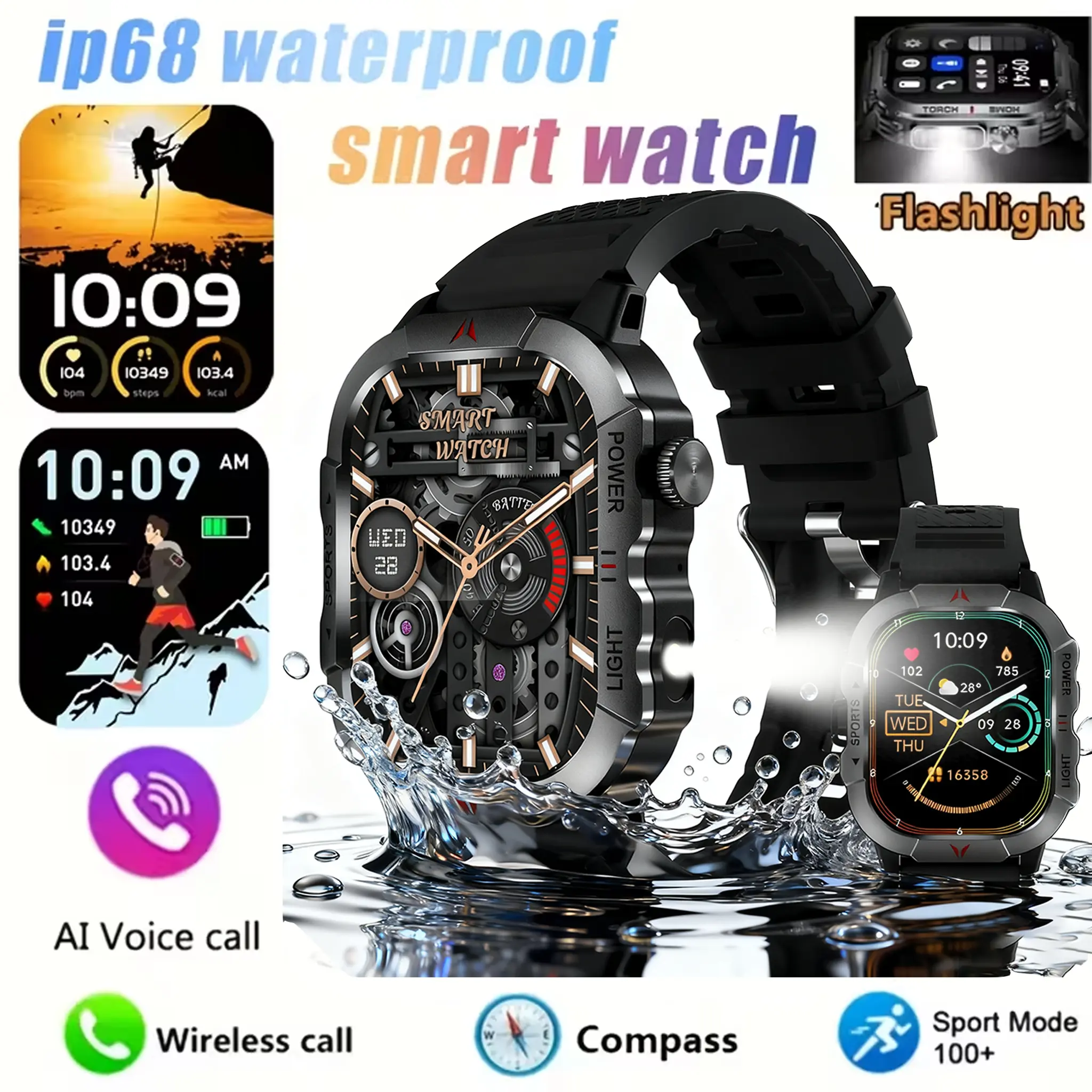2.01-inch AMOLED men's smartwatch (for making/answering calls), IP68 waterproof men's smartwatch, LED lighting, hands-free calling, fitness tracker smartwatch, suitable for Android iPhone, digital watch pedometer, sturdy and durable activity tracker