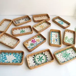 [Christmas] Handmade Rattan Shell Decorative Tray - Art Deco Style, Abstract Pattern, Lacquered Finish, No Electricity Needed, Perfect for Christmas, Halloween, Easter, Hanukkah, Thanksgiving, Holiday Table Decor|Art Deco Tray|Rattan Construction, Rattan