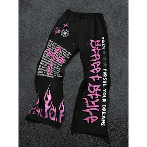 TikTok Trends! Black pants, casual outdoor pants with pink flames, crosses, stars, and “street style,” along with inspirational words about success and failure—perfect for creating bold, avant-garde street looks. GARMENTARY