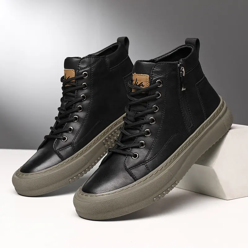 Men's Casual Sports Shoes Microfiber Synthetic Leather Thick Sole Mid Top Trendy Comfortable Lace Up Black Design Fashionable Versatile Footwear Sneaker Trainer cheap shoes mens sneakers penny items sale shoes for men sneakers
