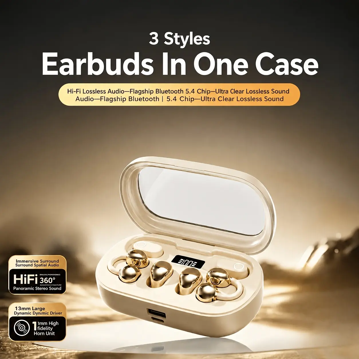 3 Pairs 3-in-1 Open-Ear Clip & In-Ear Wireless Bluetooth Earbuds, 8-Mic Clear Call, LED Digital Power Display, Long Playtime Sports Headphones