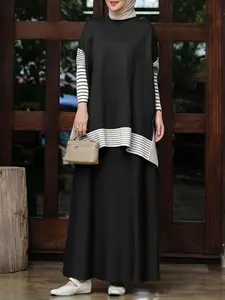 Women's Round Neck Long Sleeve Striped Knit T-Shirt, Elastic Waist A-Line Skirt Set, Two-Piece, No Pocket Design