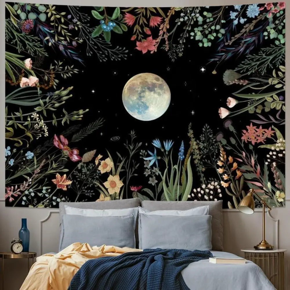 Amhokhui Boho Rustic Moonlit Garden Tapestry - Retro Floral-Print Wall Hanging with Geometric-Pattern Tree, Animals, Letters, Nature Figures, Boho Decor, Room Art, Decor Inspo, Machine Washable Home Gift for Girls