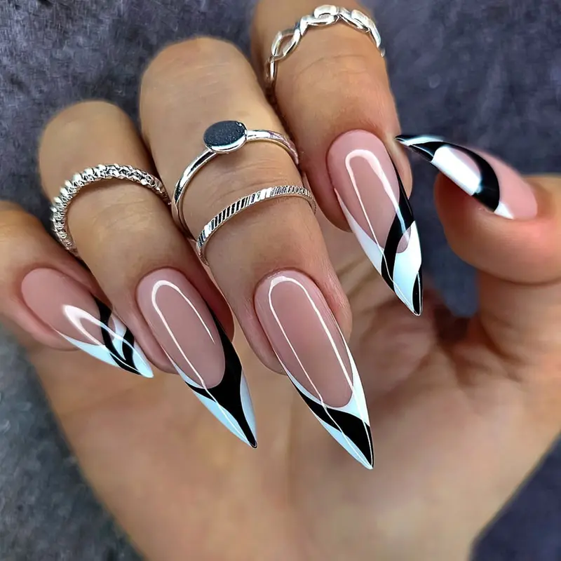 24pcs Long Sharp Nail Tips Simple French Style Suitable for Parties, Includes 1 Nail File and 1 Jelly Glue, French Tips Nails