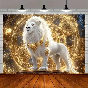 Golden Lion Luxury Backdrop Elegant Animal Backdrop White Gold Royal Background Cloth Lion Tapestry Wall Hanging Photography Background Polyester Fiber Wedding New Year Party Event Studio Decor Prop Wall Art