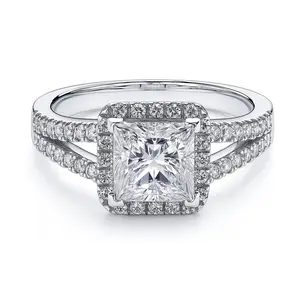 Halo Princess CZ Split Shank Ring in Sterling Silver