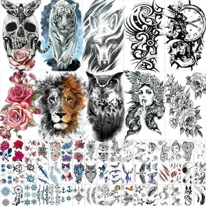 82 Sheets Large-Size Black Temporary Tattoos Stickers for Women and Men, Includes 10 Large Fake Tattoos That Look Real and Last Long, Halloween Tattoos Include Wolf Lion Tiger Skull Tattoos