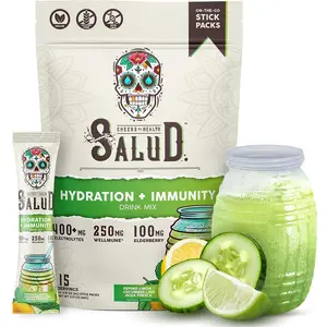 Salud 2-in-1 Hydration Packets + Immunity Electrolytes Powder, Cucumber Lime - Agua Fresca Drink Mix, Elderberry, Dairy & Soy Free, Non-GMO, Gluten Free, Vegan, Low Calorie, 1g Sugar (15 Servings)