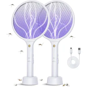 Electric Fly Swatter Racket 3000V Bug Zappers 2 in 1 Mosquito Zappers USB Rechargeable, 1200mAh Mosquitoes Killer Lamp & Fly Zappers with 3 Layer Safety Mesh for Home, Bedroom, Kitchen, Patio (2 Pack)