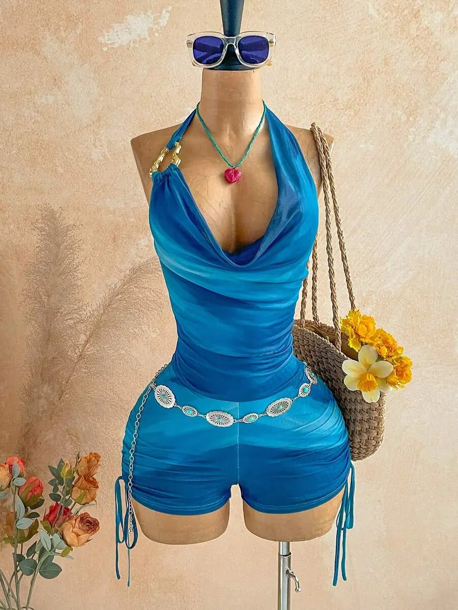 Women's Retro Ombre Print Mesh Metallic Decor Ruffle Plunging Jumpsuit,Sky Blue,Summer,Elegant,Seksi Chic,Holiday,Vacation,Holiday Party Beach Outfit