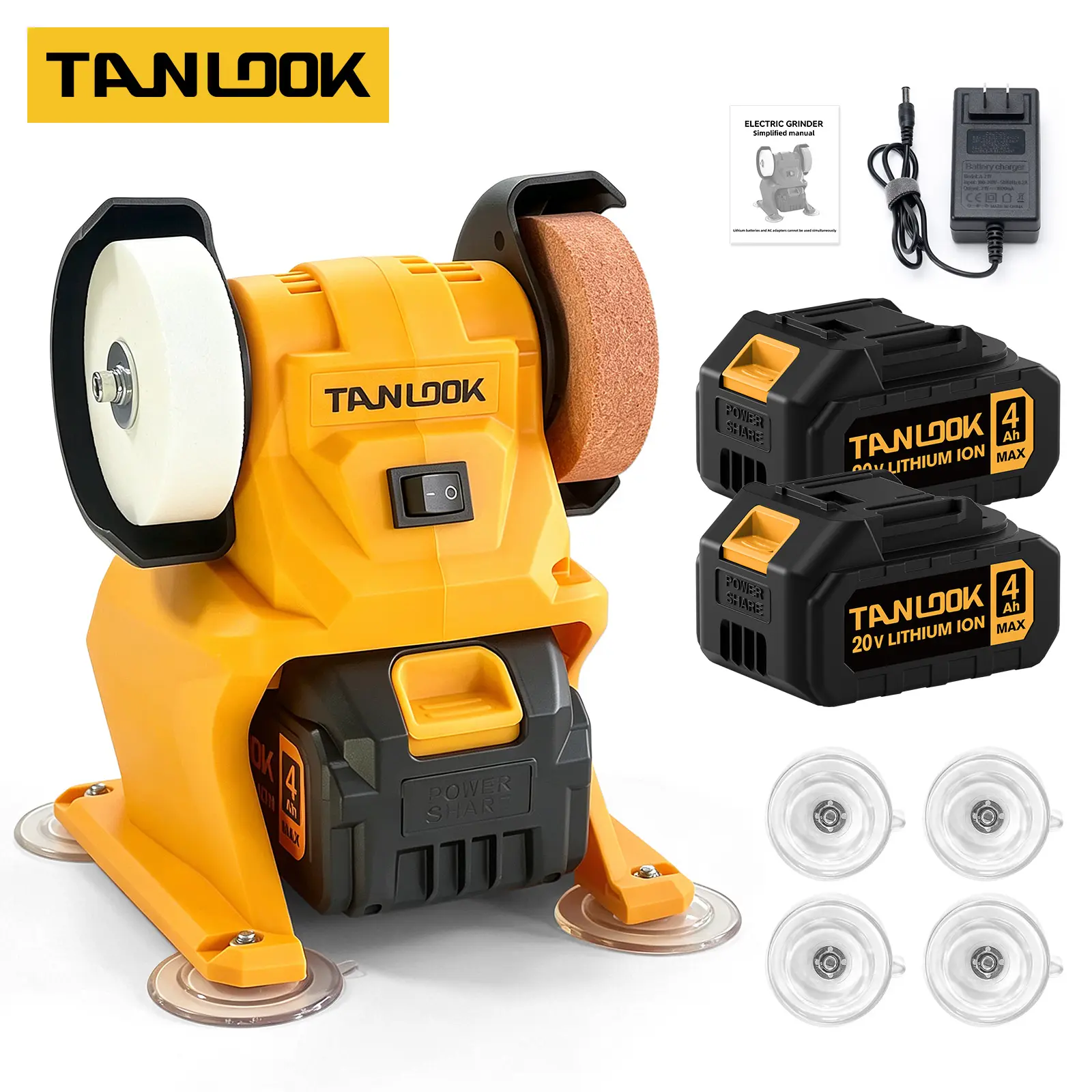 TANLOOK 20V Cordless Bench Grinder - Portable Desktop Tool with Dual Grit Wheels, 5500 RPM Max for Knives, Chisels, Woodworking, Batteries, Cells Included for Tool Enthusiasts, Max 5500 Rpm