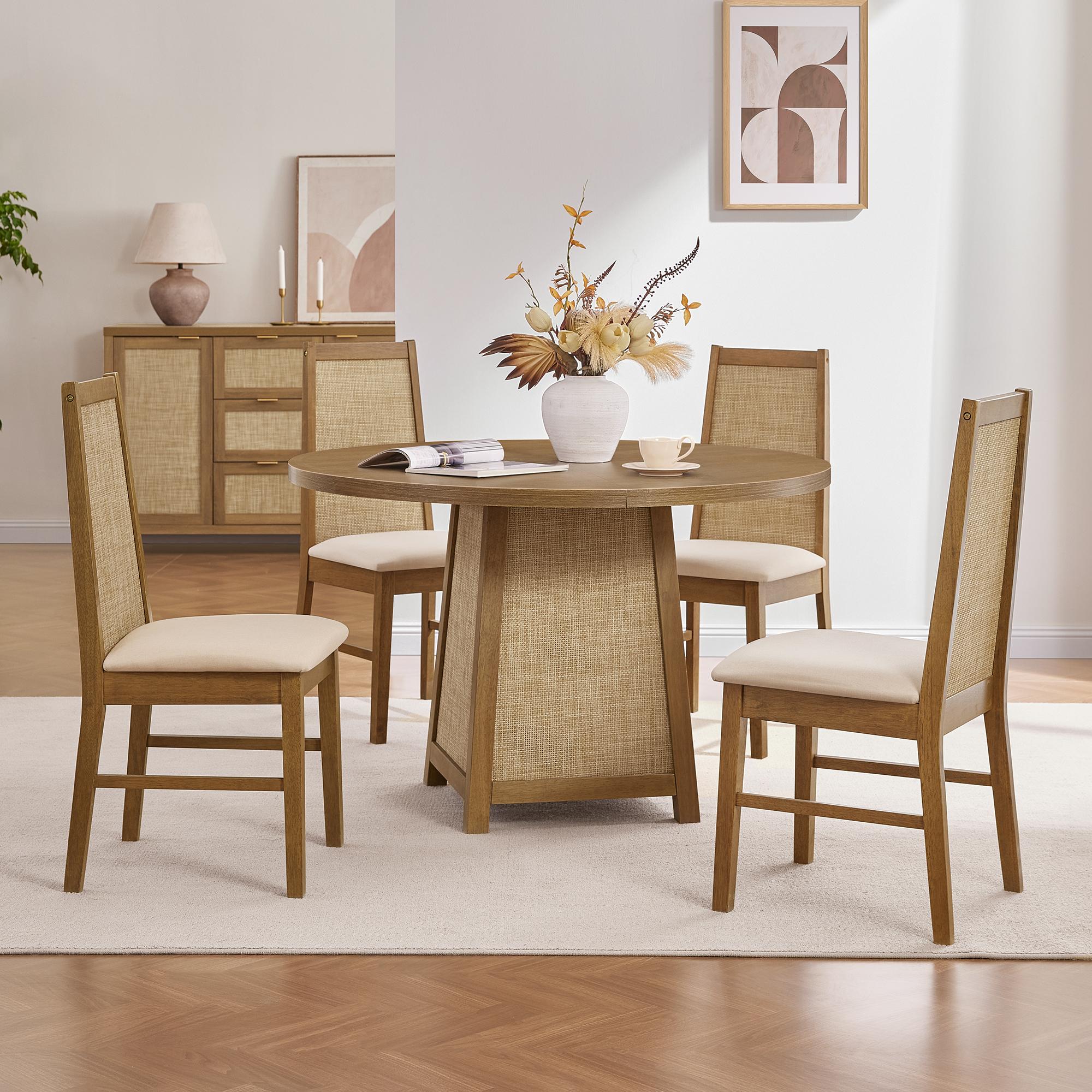 SICOATS Farmhouse Dining Table Set, 5-Piece Round Kitchen Table for 4 with Rattan Detail & Upholstered Chairs, 47 Inch Solid Wood Dining Set in Oak, Modern Cottage Style