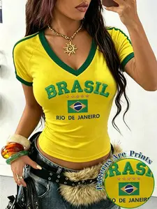 Sable x Rovax Women's Y2K Brazil Print Crop Top, V Neck Short Sleeve Slim Fit Tee, Retro "BRASIL RIO DE JANEIRO" Graphic T-Shirt, Perfect For Summer Beach, Casual Streetwear & Vacation Outfits