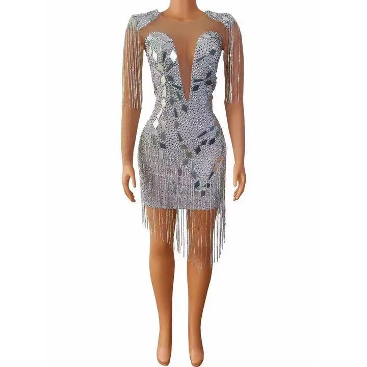 Crystal Mirror Short Mesh Dress with Fringe Detailing and Deep V Neckline