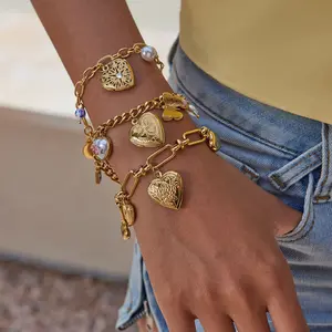 New Fashion Jewelry Celestial Mixed Media Link Chain Bracelet Women Gold Pearl Smile Sun Ceramic Charms Locket Bracelet