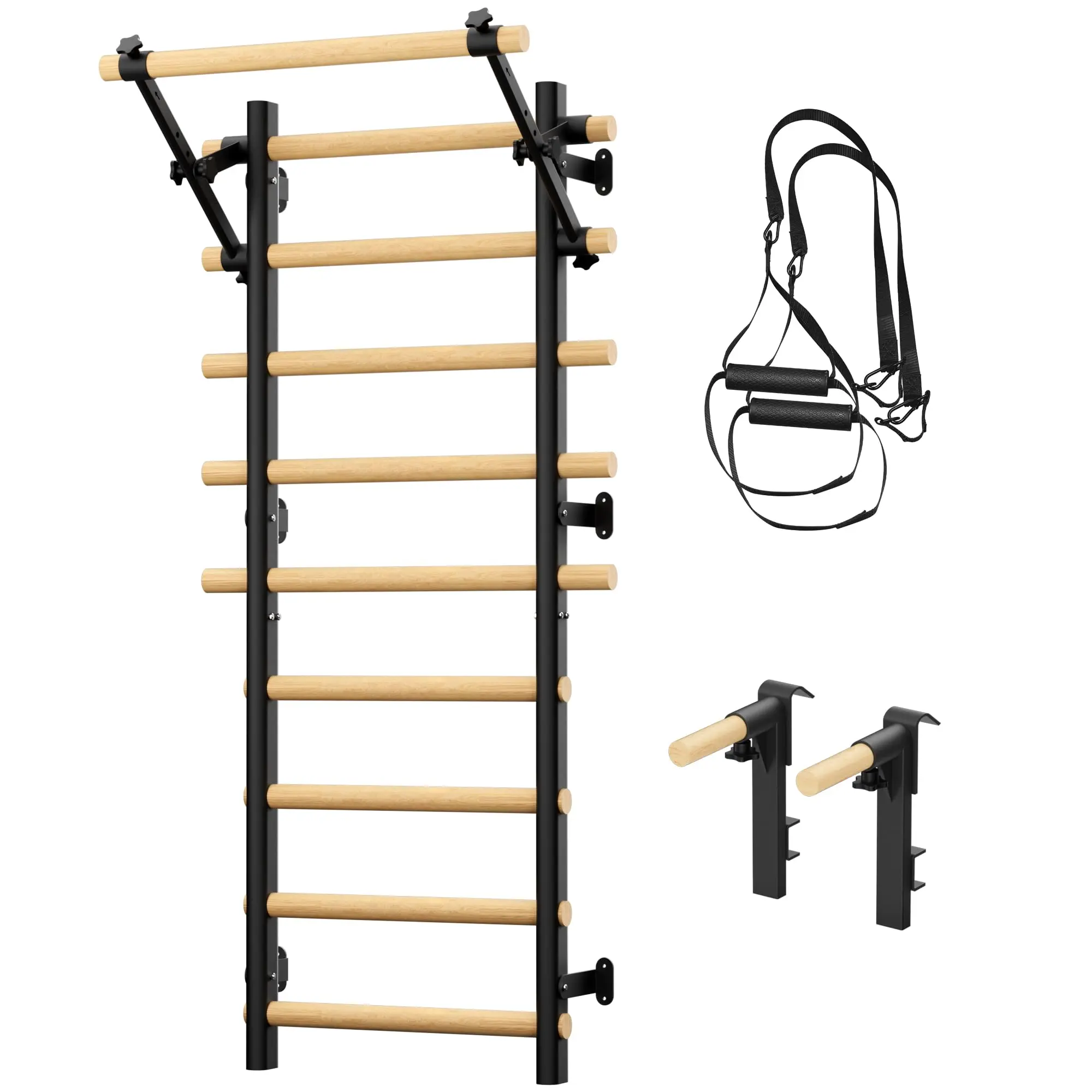 COFIYARD Wooden Swedish Ladder Wall Gym, Wall Mounted Stall Bars with Pull Up Bar, Dip Bars & Workout Straps, Full Body Home Fitness Training Equipment
