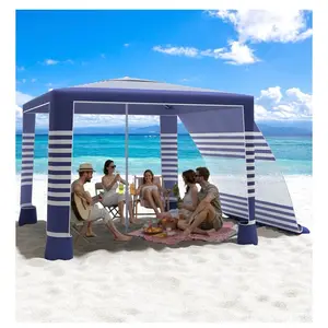MoKo Beach Cabana, 8'×8' Large Beach Canopy with Side Wall, UPF 50+ Protection Easy Setup Beach Tent Sun Shelter, Adjustable Height Wind Resistant Cabana Beach Tent for Whole Family, Navy Stripes