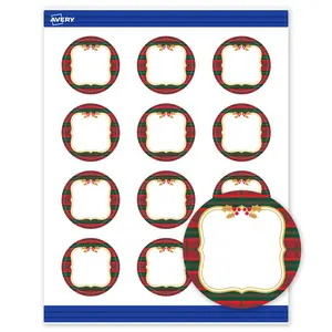 Avery® Printable Christmas Round Business Cards, 2" Diameter, Matte White, Pre-printed Plaid Border/Metallic Gold Frame Design, Sure Feed® Technology, Laser & Inkjet Compatible, 240 Total