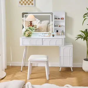 High end and high-quality Modern Makeup Vanity Desk with LED Lights & Mirror, 4 Drawer Dressing Table Set with Stool, Dimmable Brightness, Space-Saving for Bedroom, White vanity mirror  vanity accessories vanity  without  let decofy  vanity vanity  set