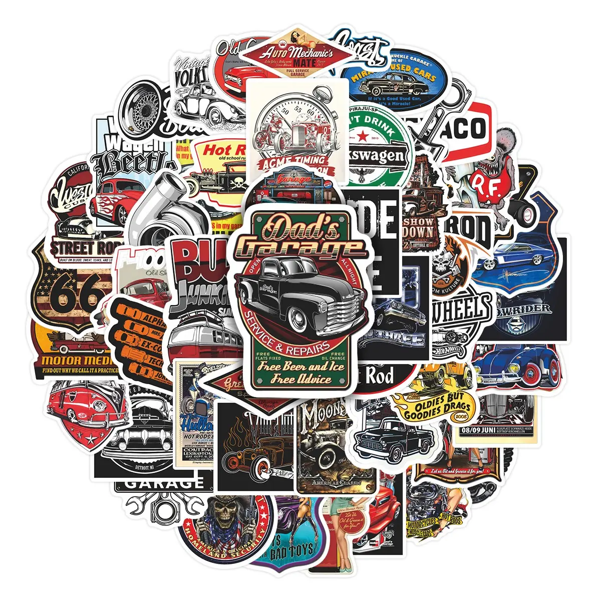 50pcs Vintage Garage Car Stickers Pack, Multipurpose Car Decal, Automotive Decals, Automobile Decals, Sticker For Cars, Waterproof Retro Hot Rod Classic Car & Garage Sign Decals for Laptop, Water Bottle, Toolbox & Scrapbook, Car Enthusiast Gift