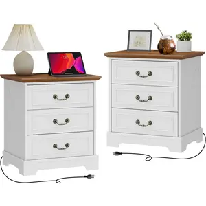 【Limited time deal】 BM-CBX 22" Farmhouse Nightstand Set of 2 with Charging Station, Wood Night Stand with Antique Handles, 3 Drawer Night Stand Tall Nightstand for Bedroom, Off White and Brown Top