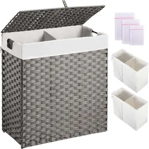 Valentine's Day gift Laundry Hamper with lid, No Install Needed, 110L Wicker Laundry Baskets Foldable with 2 Removable Liner Bags, 2 Section Clothes Hamper Handwoven Rattan Laundry Basket with Handles, Gray