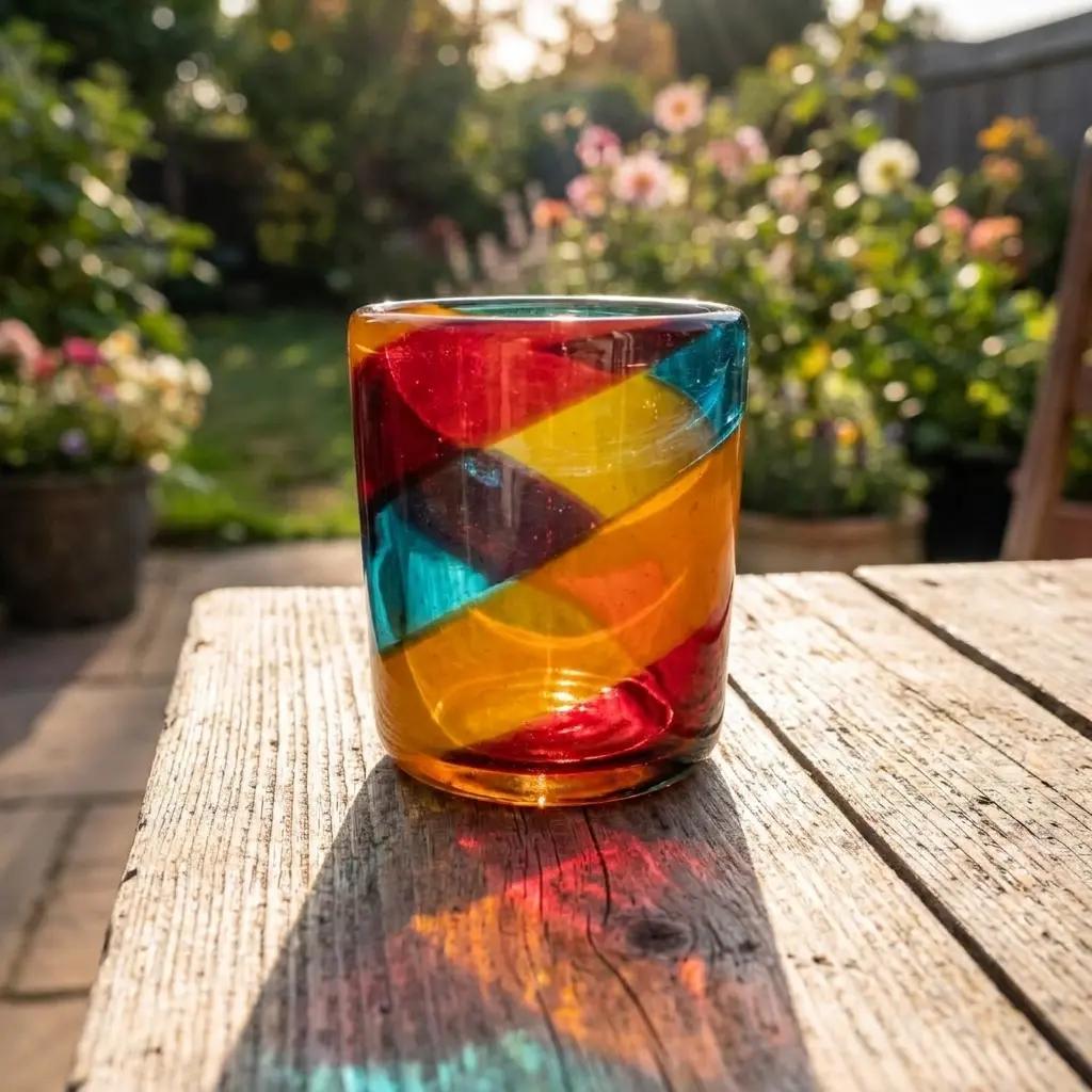 Handmade Blown Glass Short Tumblers - Whiskey Glass - Blue, Red, Orange - Kitchen Drinkware for Cocktails, Ideal Birthday Gift, Red Water Glass Blue Water Glasses
