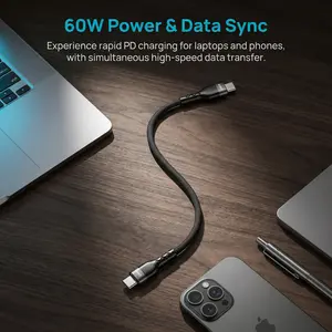 60W USB‑C to USB‑C Fast Charging Cable, Magnetic Self-Retracting Design, Nylon Braided, Anti-Tangle & Flexible, Portable USB‑C Cable for iPhone 17/16/15, Samsung, Pixel, iPad Pro